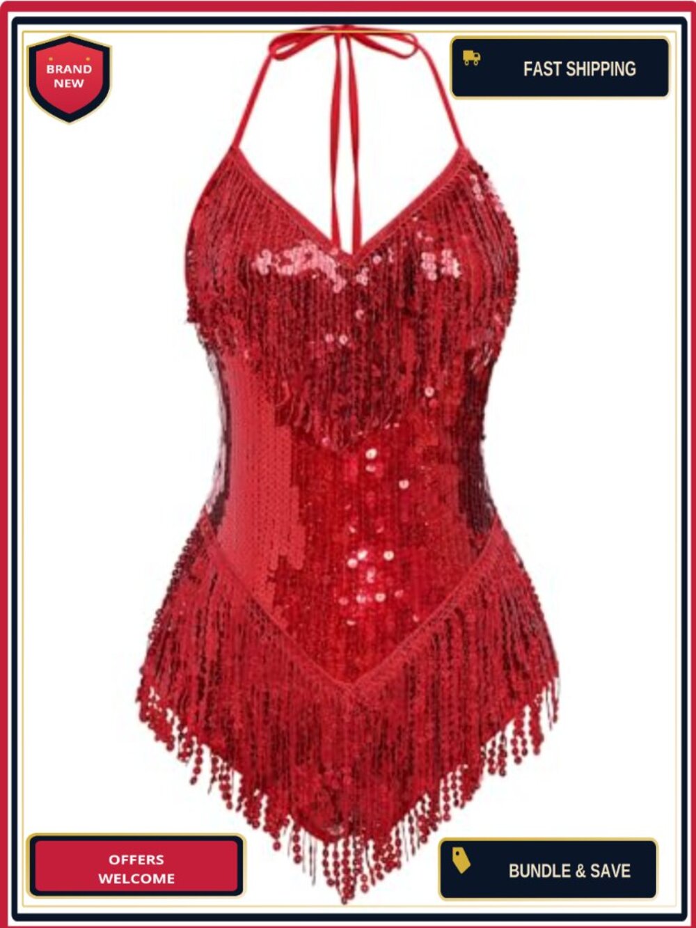 Sequin Fringe Bodysuit Halter Lace Up Back Jazz Latin Dance Leotard